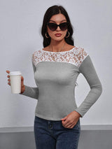 Lace Trim Long Sleeve Round Neck Tee - Trendsi - Flyclothing LLC