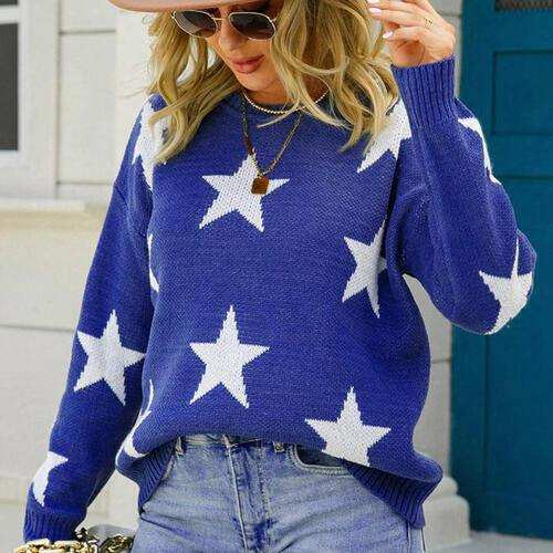 Star Pattern Round Neck Sweater - Trendsi - Flyclothing LLC