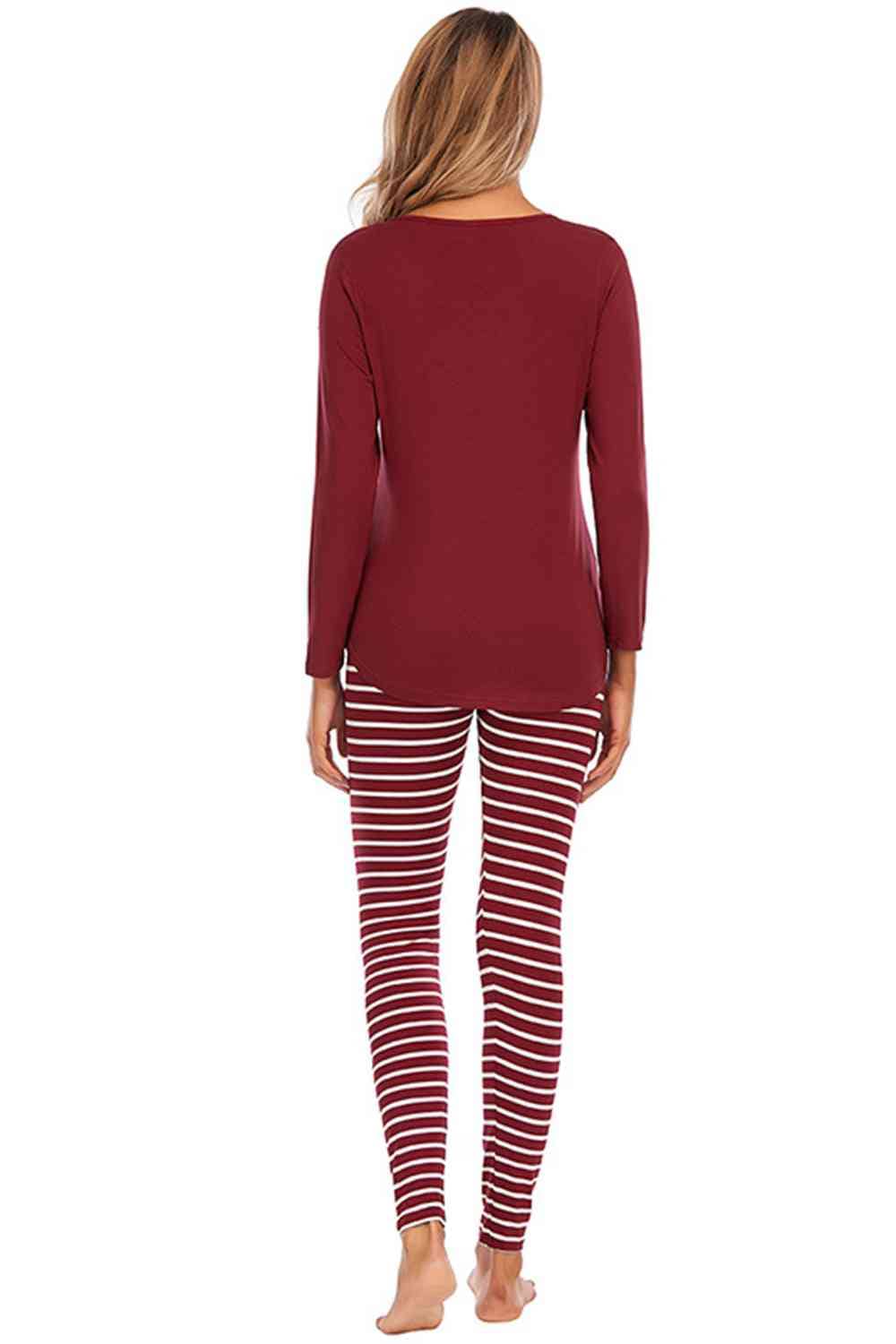 Graphic Round Neck Top and Striped Pants Set - Trendsi - Flyclothing LLC