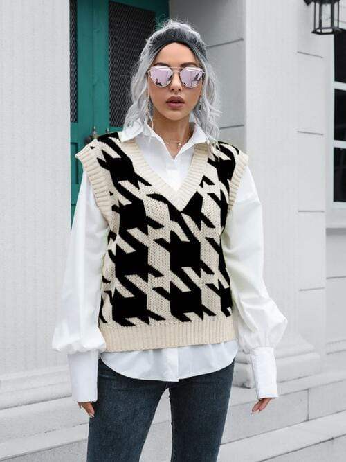 Houndstooth V-Neck Sweater Vest - Trendsi - Flyclothing LLC