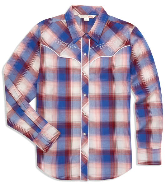 Women's Ely Cattleman Plaid Western Snap Shirt with Bootstitch Embroidery - Flyclothing LLC