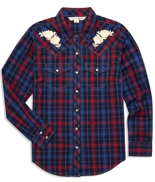 Ely Cattleman Womens Plaid Western Snap Shirt with Rose Embroidery