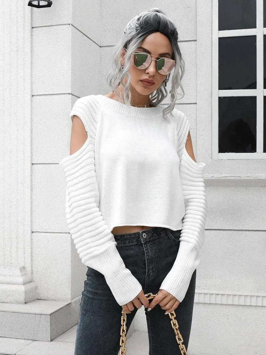 Cold-Shoulder Ribbed Trim Sweater - Trendsi - Flyclothing LLC