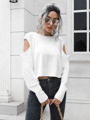 Cold-Shoulder Ribbed Trim Sweater - Trendsi