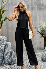 Grecian Neck Sleeveless Pocketed Top and Pants Set - Trendsi