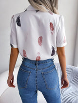 Feather Print Lapel Collar Puff Sleeve Shirt - Trendsi - Flyclothing LLC