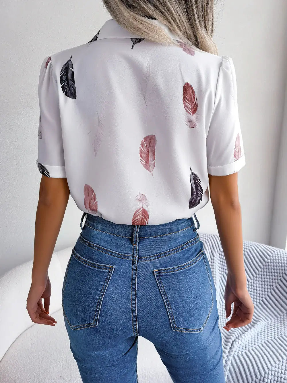 Feather Print Lapel Collar Puff Sleeve Shirt - Trendsi - Flyclothing LLC