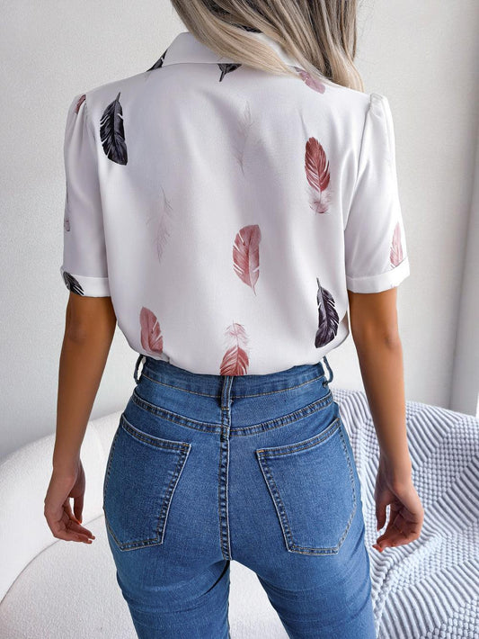 Feather Print Lapel Collar Puff Sleeve Shirt - Trendsi