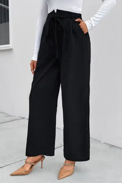 High Waist Ruched Tie Front Wide Leg Pants - Trendsi - Flyclothing LLC