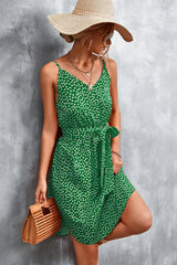Printed V-Neck Tie Waist Mini Dress - Trendsi - Flyclothing LLC