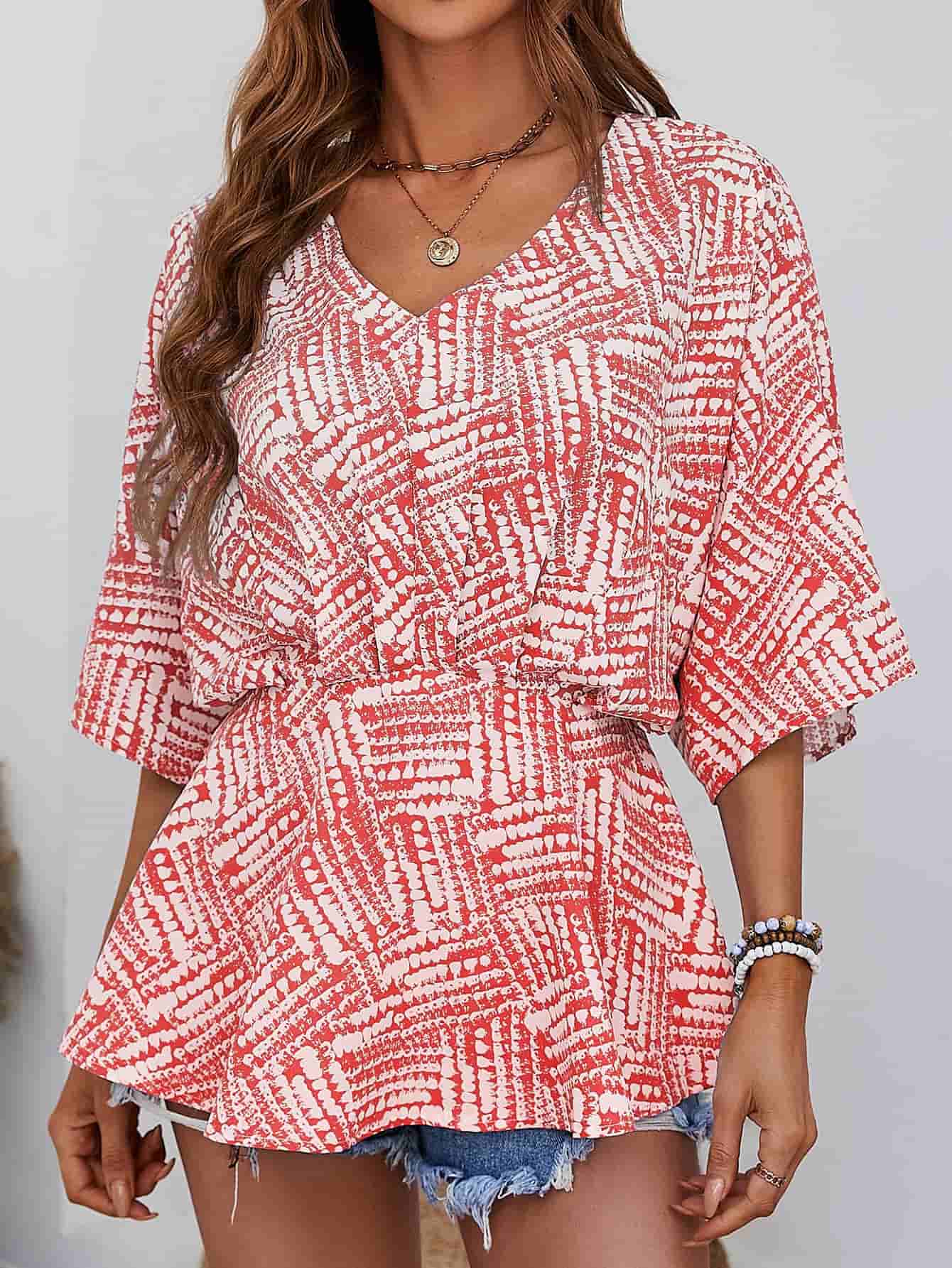 Printed V-Neck Dolman Sleeve Blouse - Trendsi - Flyclothing LLC