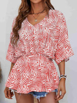 Printed V-Neck Dolman Sleeve Blouse - Trendsi - Flyclothing LLC