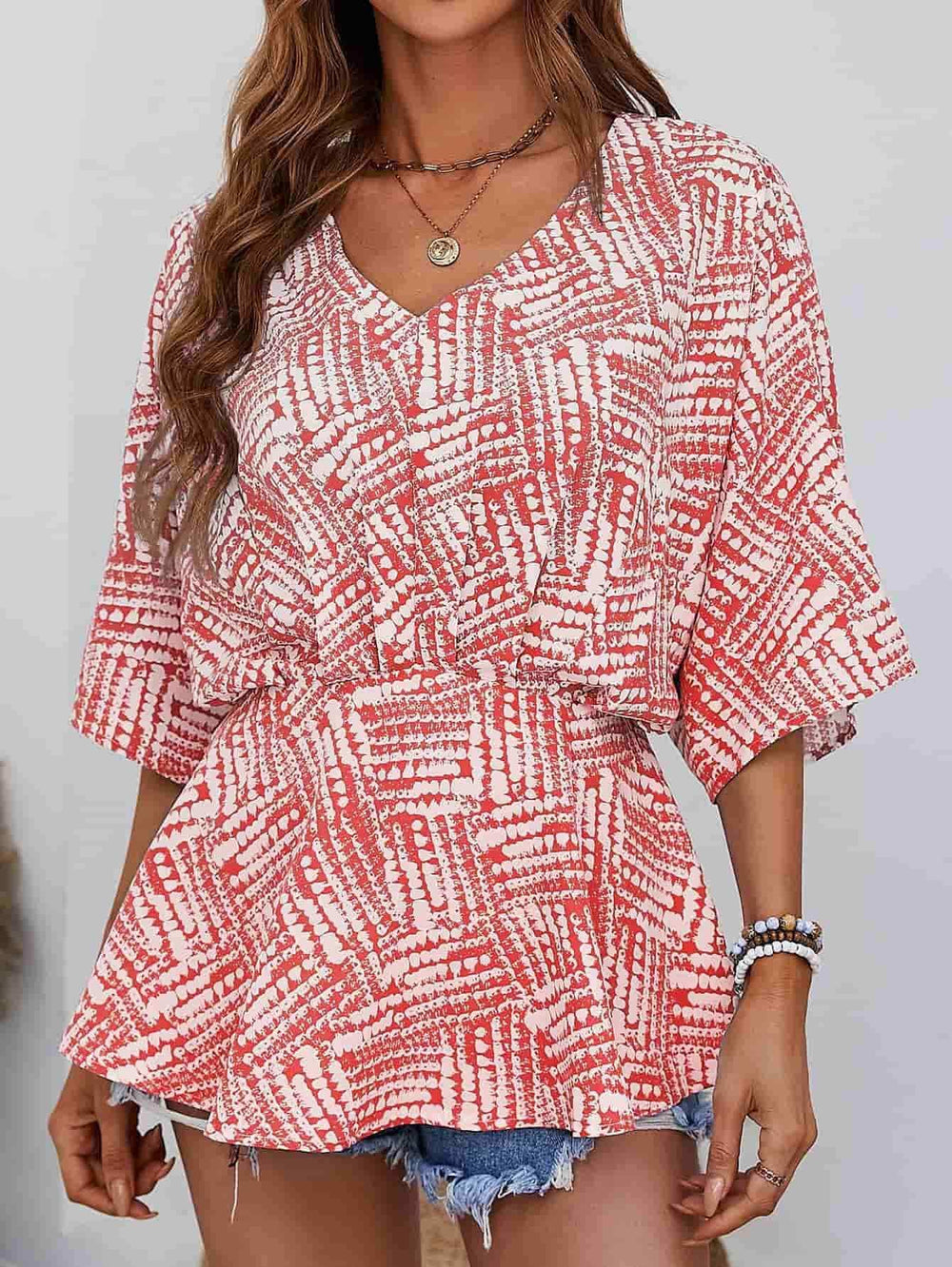 Printed V-Neck Dolman Sleeve Blouse - Trendsi - Flyclothing LLC