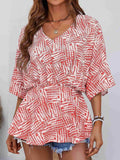 Printed V-Neck Dolman Sleeve Blouse - Trendsi - Flyclothing LLC