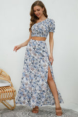 Printed Asymmetrical Cropped Top and Split Skirt Set - Trendsi