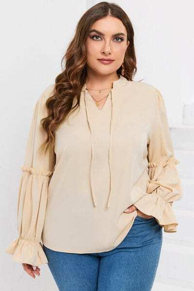 Plus Size Ruffled Tie Neck Flounce Sleeve Blouse - Trendsi - Flyclothing LLC