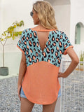 Leopard Waffle-Knit Short Sleeve Top - Trendsi - Flyclothing LLC