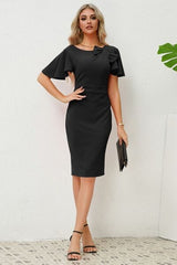 Slit Round Neck Flutter Sleeve Dress - Flyclothing LLC