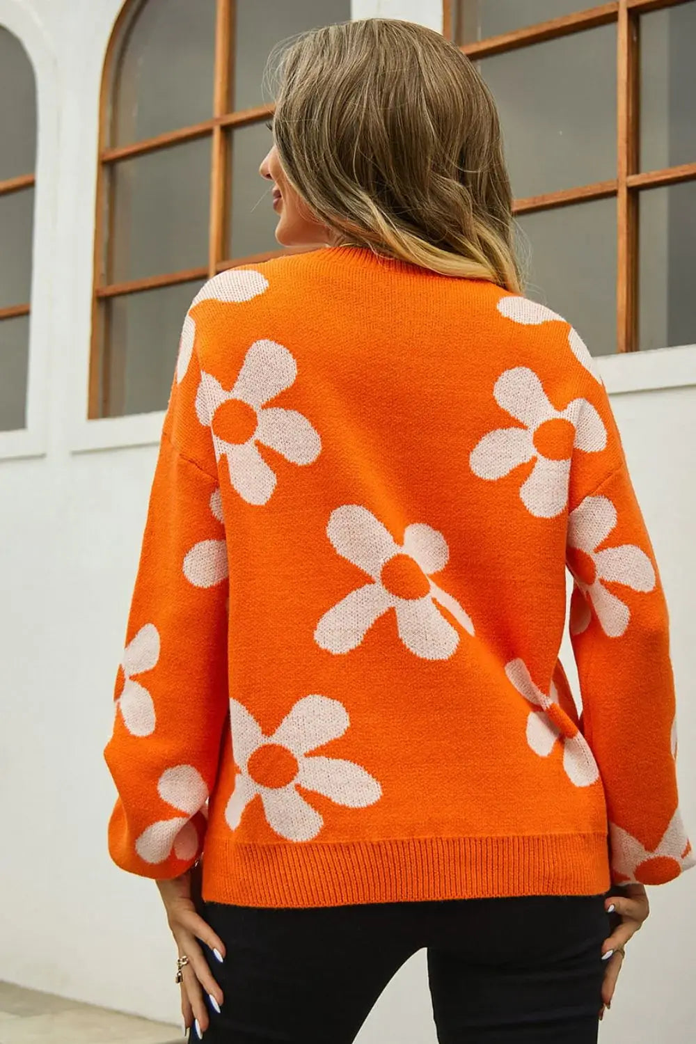 Floral Print Round Neck Dropped Shoulder Pullover Sweater - Trendsi - Flyclothing LLC