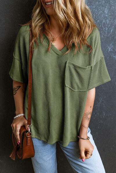Textured V-Neck Dropped Shoulder T-Shirt - Trendsi - Flyclothing LLC