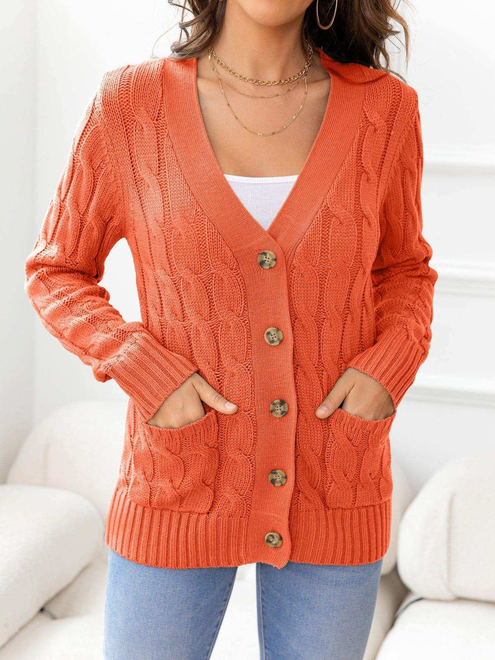 Button Down Cable-Knit Cardigan - Trendsi - Flyclothing LLC