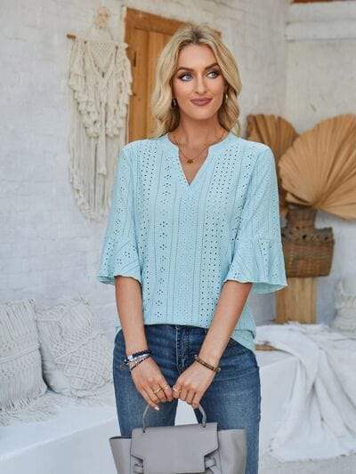 Eyelet Notched Half Sleeve T-Shirt - Trendsi - Flyclothing LLC