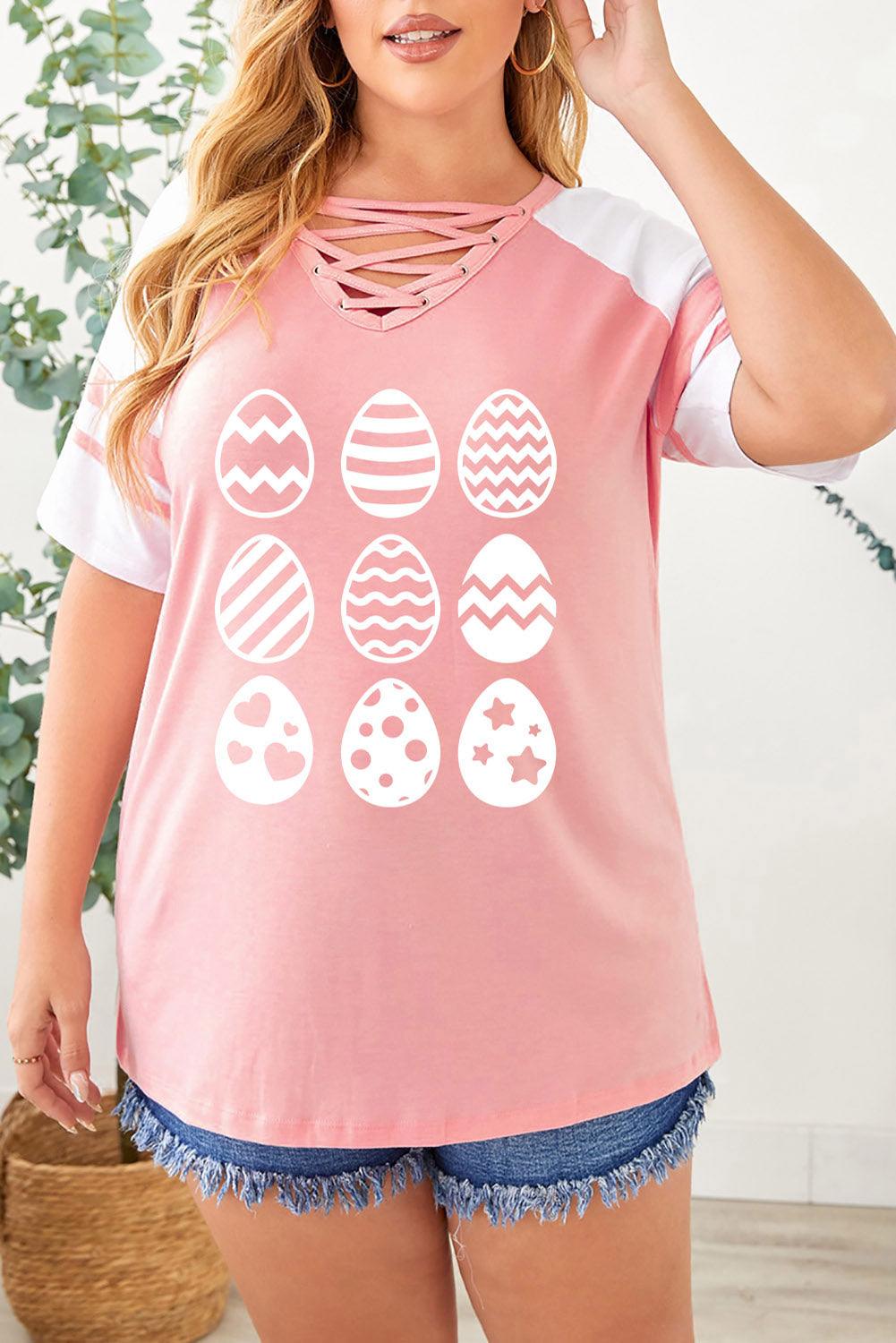 Plus Size Easter Egg Graphic Crisscross Tee Shirt - Flyclothing LLC