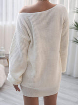 Rib-Knit Balloon Sleeve Boat Neck Sweater Dress - Trendsi - Flyclothing LLC