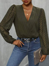 Ruched Surplice Long Sleeve Bodysuit - Trendsi - Flyclothing LLC