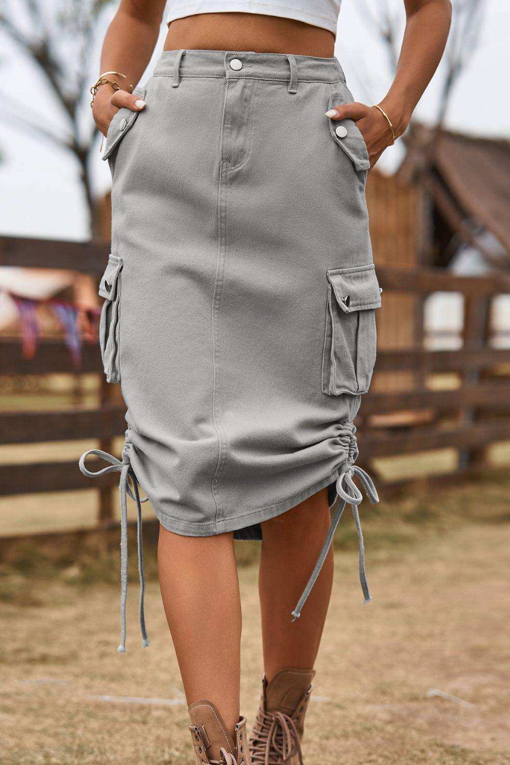Drawstring Denim Cargo Skirt - Trendsi - Flyclothing LLC