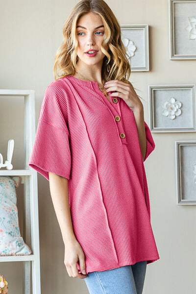 Heimish Full Size Ribbed Half Button Drop Shoulder Top - Trendsi - Flyclothing LLC
