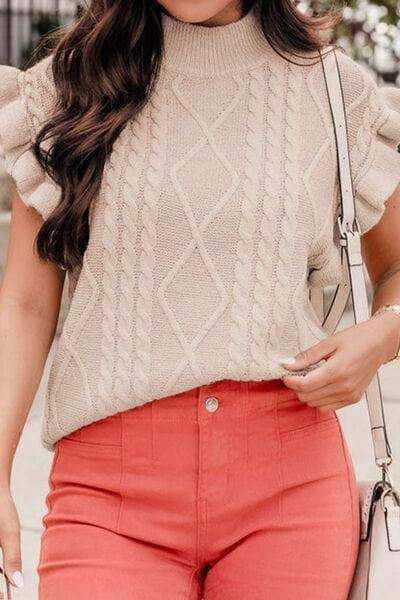 Cable-Knit Ruffled Mock Neck Sweater Vest - Trendsi - Flyclothing LLC