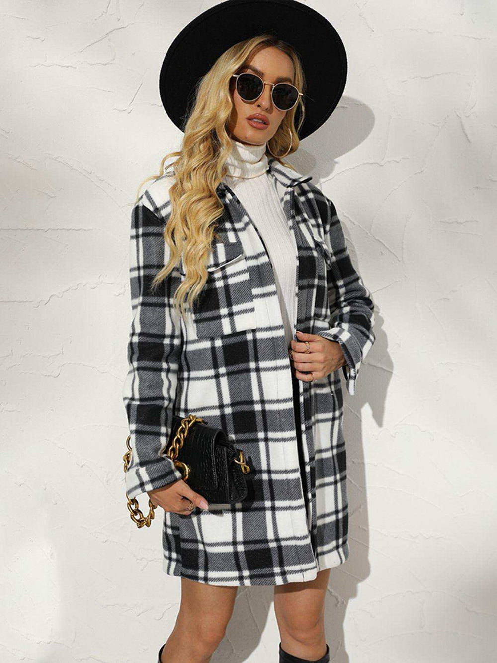 Plaid Collared Longline Coat - Trendsi - Flyclothing LLC