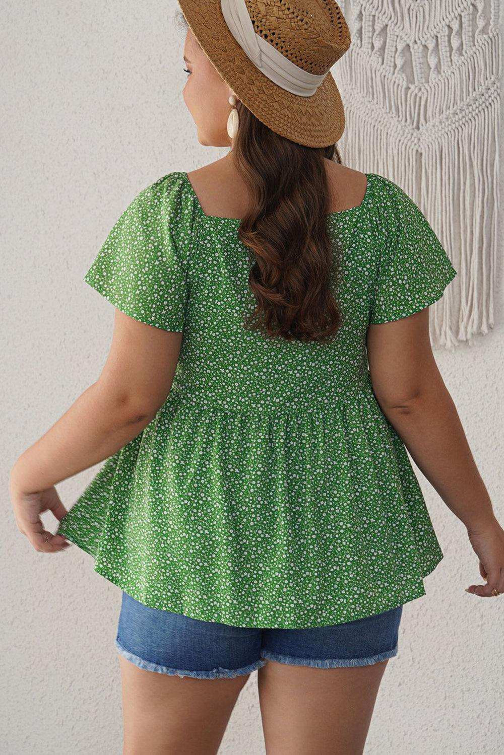 Ditsy Floral Flutter Sleeve Peplum Blouse - Trendsi - Flyclothing LLC