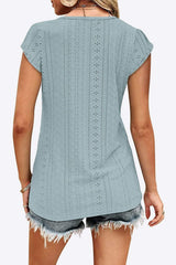 Eyelet Contrast V-Neck Tee - Trendsi - Flyclothing LLC