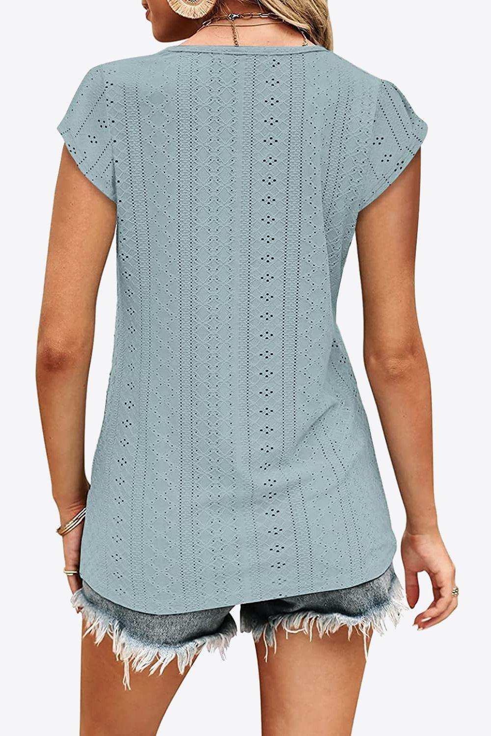 Eyelet Contrast V-Neck Tee - Trendsi - Flyclothing LLC