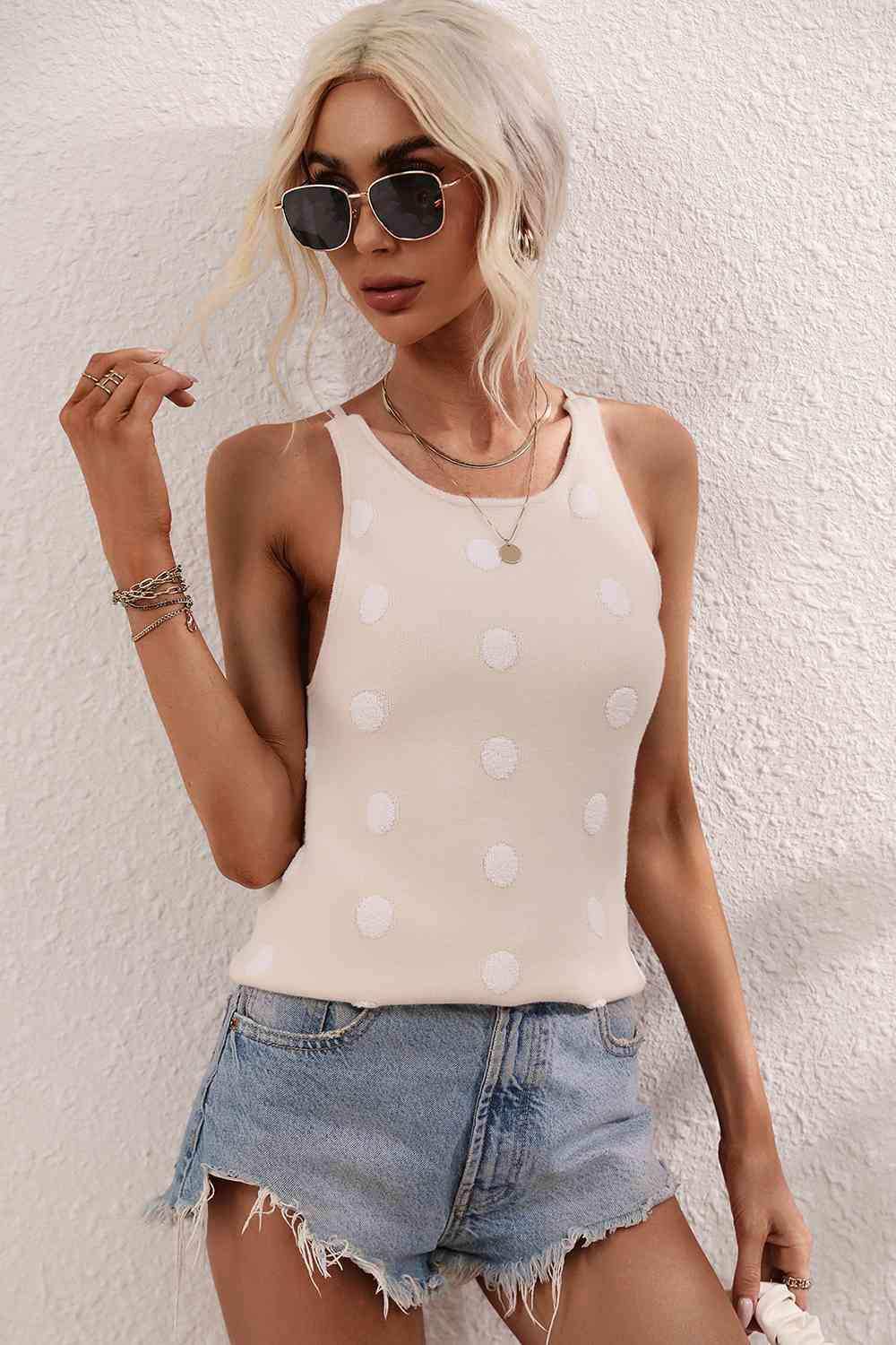 Polka Dot Round Neck Knit Tank - Trendsi - Flyclothing LLC