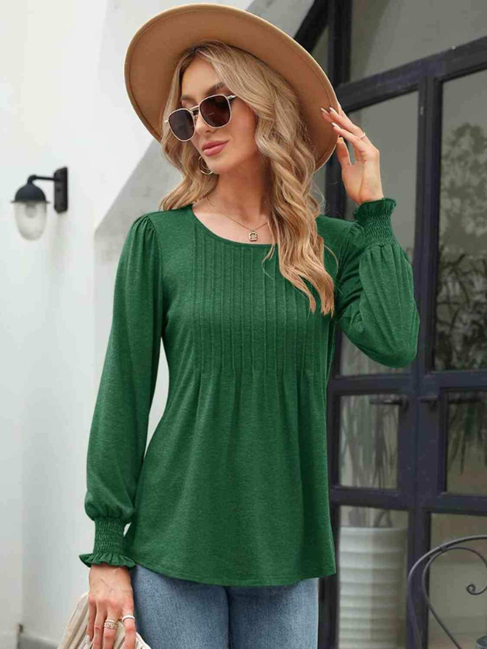 Smocked Round Neck Lantern Sleeve Blouse - Trendsi - Flyclothing LLC