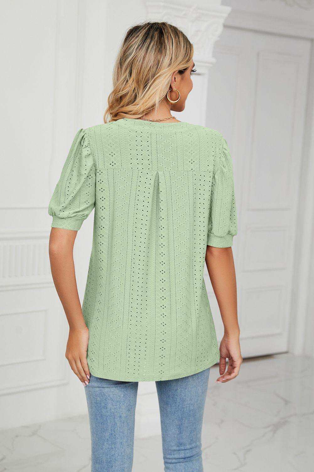 Eyelet Short Puff Sleeve Notched Neck Top - Trendsi - Flyclothing LLC