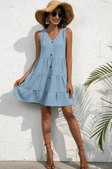 Decorative Button V-Neck Tiered Sleeveless Dress - Trendsi - Flyclothing LLC