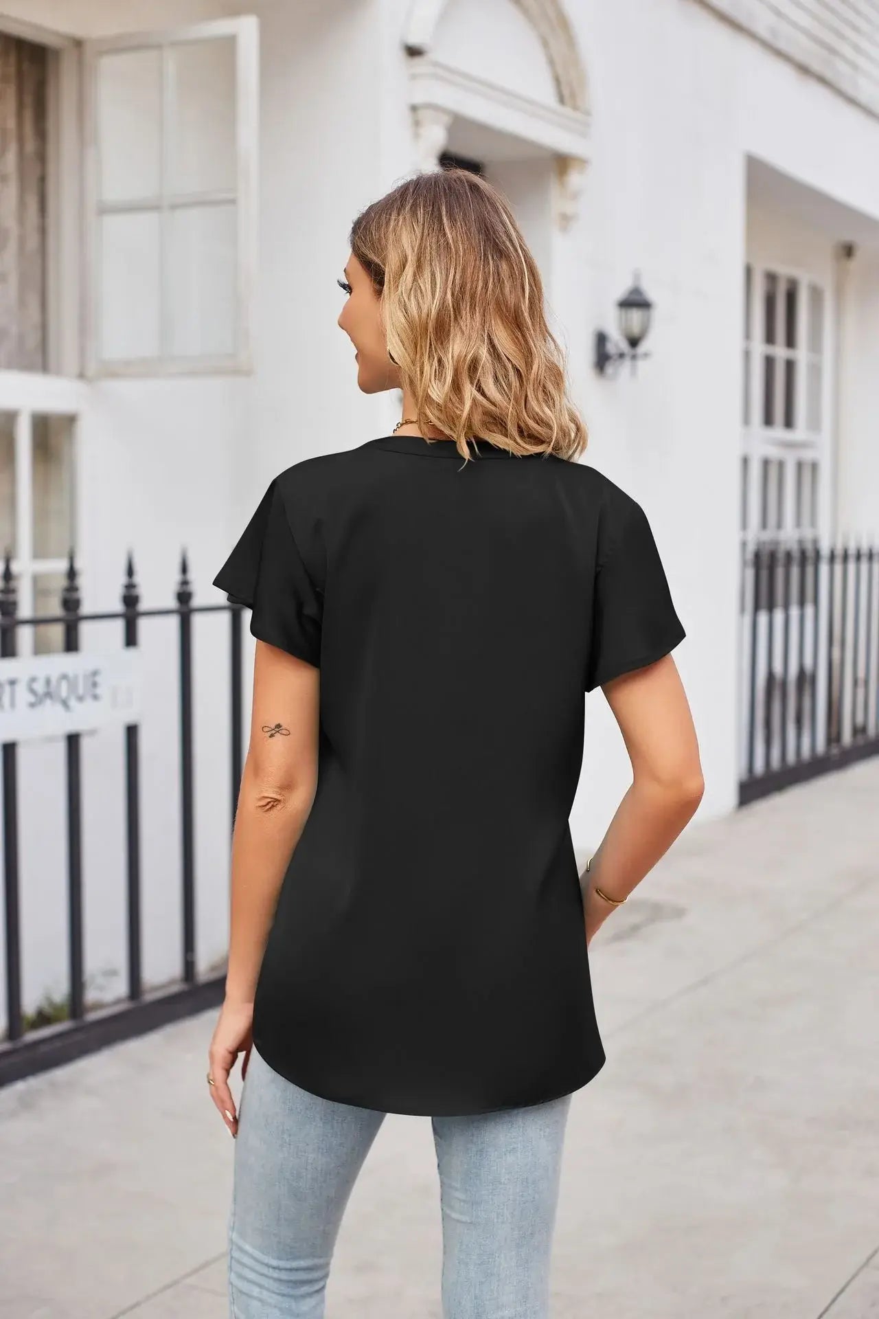 Notched Neck Flutter Sleeve Satin Top - Trendsi - Flyclothing LLC