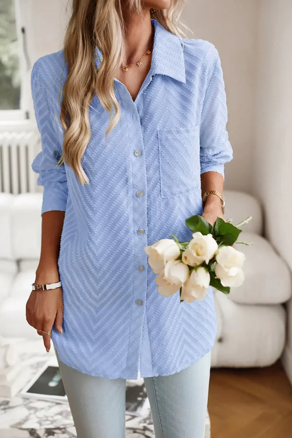 Collared Neck Long Sleeve Pocketed Shirt - Trendsi - Flyclothing LLC