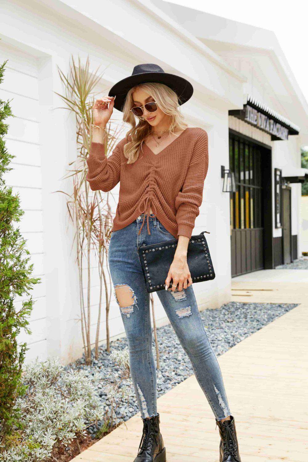 Waffle-Knit Drawstring Detail V-Neck Sweater - Trendsi - Flyclothing LLC