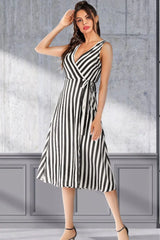 Striped Surplice Tied Sleeveless Dress - Trendsi - Flyclothing LLC