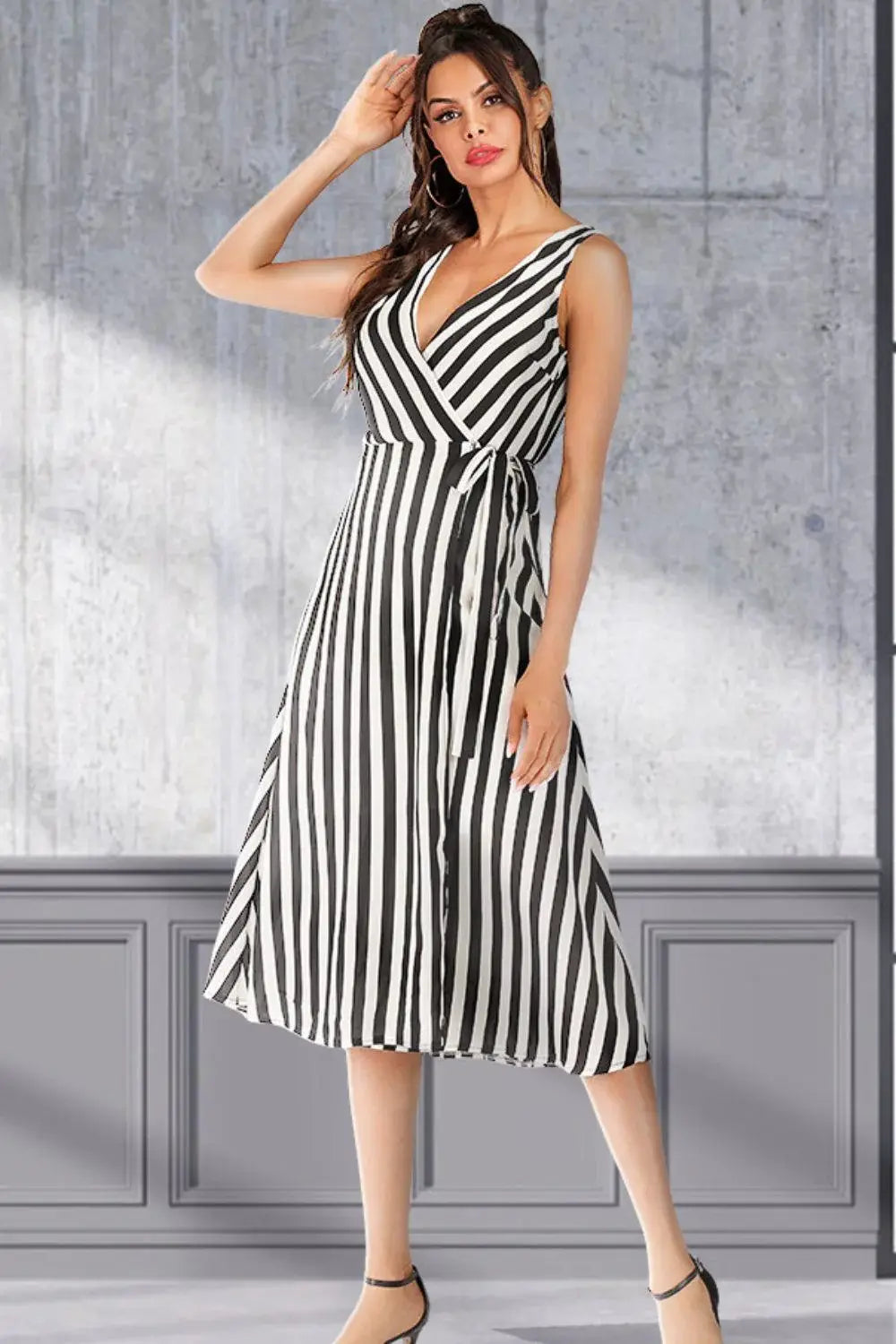 Striped Surplice Tied Sleeveless Dress - Trendsi - Flyclothing LLC