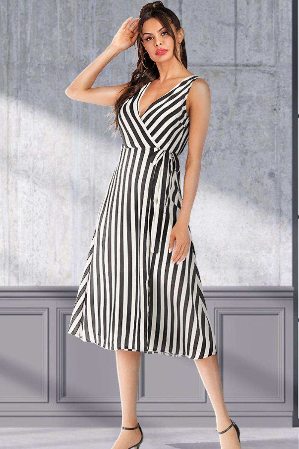 Striped Surplice Tied Sleeveless Dress - Trendsi - Flyclothing LLC