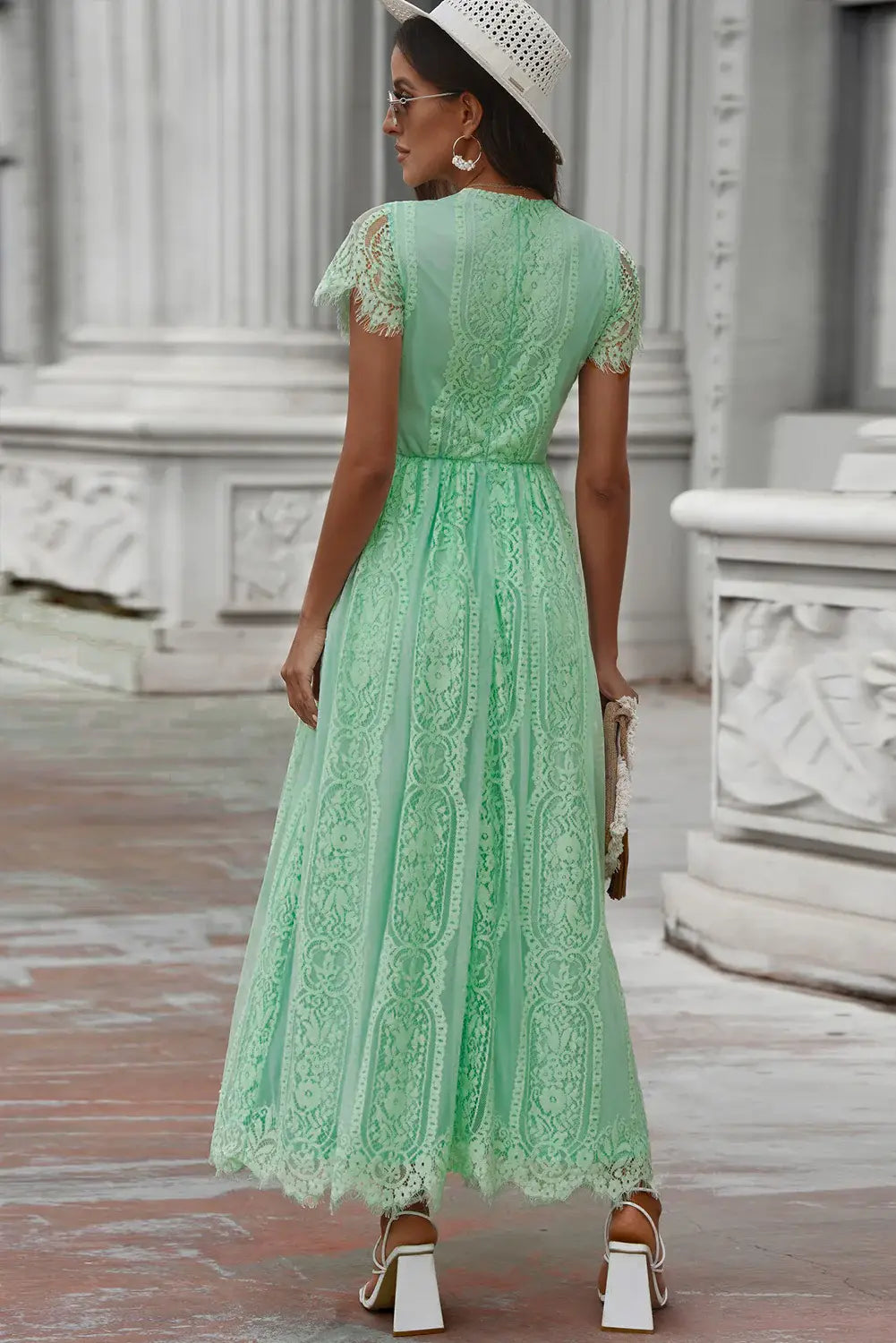 Scalloped Trim Lace Plunge Dress - Trendsi - Flyclothing LLC