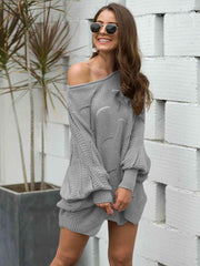 Full Size Boat Neck Lantern Sleeve Openwork Knit Top - Trendsi