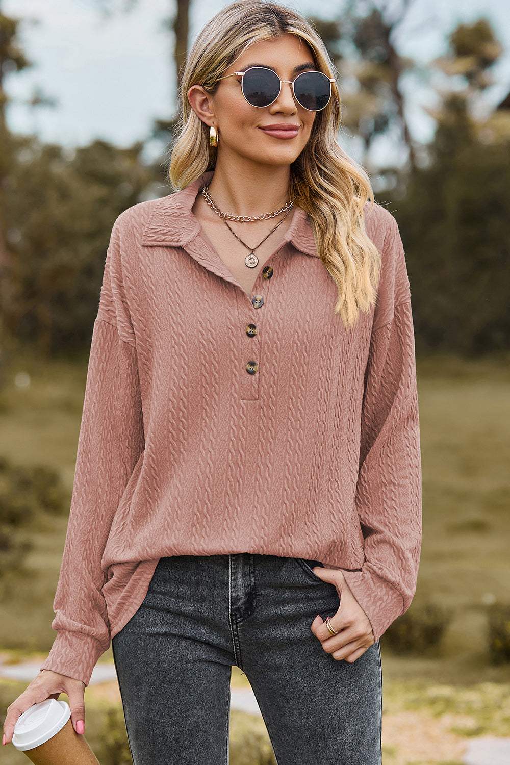 Half Button Dropped Shoulder Blouse - Trendsi - Flyclothing LLC