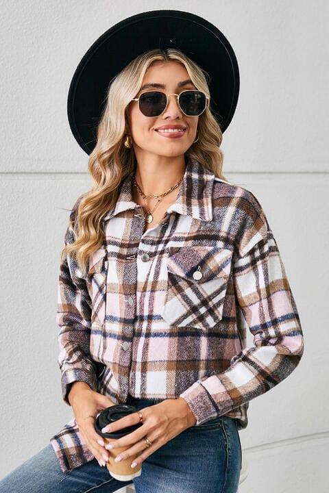 Collared Plaid Shacket - Trendsi